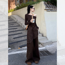 批发秋冬季穿搭一整套女<b class='q'>装</b>入冬御姐风衣服炸街咖色T恤阔腿<b class='q'>裤</b><b class='q'>两件套装</b>