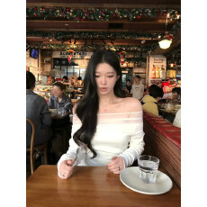 批发sheepland香肩狙击 网纱拼接一字肩<b class='q'>长袖</b><b class='q'>t</b><b class='q'>恤</b>女春季内搭打底上衣