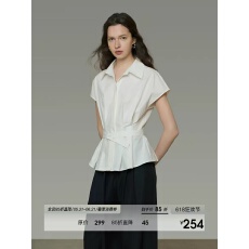 批发<b class='q'>白色</b><b class='q'>衬衫女</b>短袖收腰显瘦气质前襟压褶小众设计感简约上衣