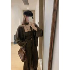 批发慵懒风飘带长袖毛衣外套抹胸背心女秋季休闲套装针织阔腿裤三件套
