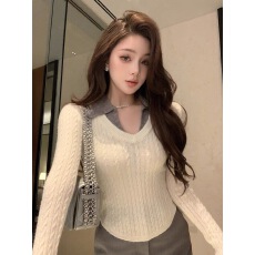 批发邱肉瑶 高级感<b class='q'>衬衫</b>领撞色<b class='q'>假两件</b>针织衫女冬季新款修身百搭打底衫