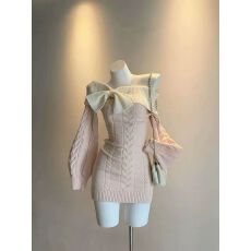 批发纯欲甜辣<b class='q'>连衣裙</b>一字肩拼色显瘦收腰毛衣设计感<b class='q'>蝴蝶结</b>针织包臀裙