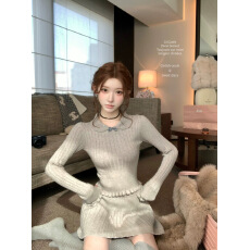 迟伞伞25/fw 灰色风信子 彼得潘领蝴蝶结针织上衣百褶半裙套装