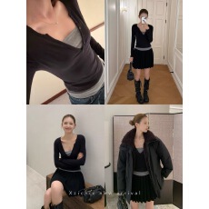 批发Xzichic乐基尔同款天丝羊毛港风长袖T恤叠穿假两件V领打底衫上衣