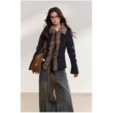 批发7Shiftin 原创秋冬款辣妹气质高级感修身短外套复古毛领夹克上衣