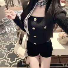 批发LXYG秋冬新款小香风方领飘带长袖针织开衫女<b class='q'>修身</b>显瘦短款毛衣内搭