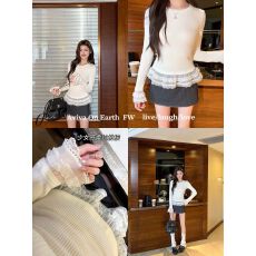 批发地球店白色精致蕾丝边打底针织衫女冬季内搭显瘦修身长袖T恤上衣