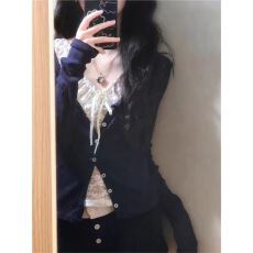 批发纯欲风真两件v领蕾丝<b class='q'>背心</b>拼接磨毛打底衫女冬季新款修身长袖上衣