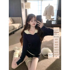 批发迟伞伞25/fw 拉夫少女 藏青撞色麻花针织假两件针织上衣短裤套装