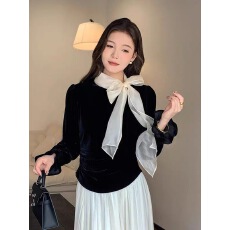 批发法式<b class='q'>气质</b>温柔风蝴蝶结丝绒<b class='q'>衬衫</b>女长袖打底衫百搭欧货时髦洋气上衣