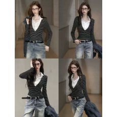 批发Bulletnini微透polo领天丝羊毛修身显瘦条纹假两件高智长袖打底女