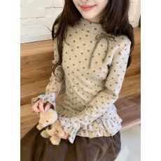 批发楞之岛原创2025冬新款复古波点蝴蝶结花边修身显瘦内搭打底衫女