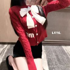 批发MIU系千金名媛蝴蝶结甜美麻花长袖针织开衫女小个子毛衣LXYG秋冬