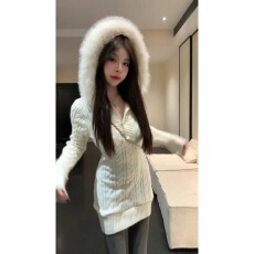 批发法式大毛领黑色麻花毛衣裙女秋冬季修身辣妹包臀打底针织连衣短裙