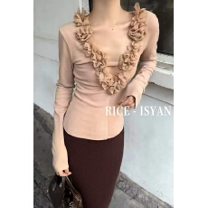 批发法式立体<b class='q'>花朵</b>性感v领长袖打底衫冬内搭纯欲辣妹抓绒保暖针织上衣