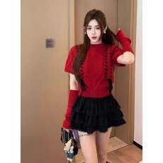 批发2025年秋冬新款韩版时尚百搭圆领<b class='q'>短袖</b>针织衫女宽松显瘦毛衣配袖套