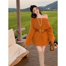 批发韩系宽松慵懒风露肩长袖针织衫套头<b class='q'>毛衣</b>女秋季小众设计感百搭上衣