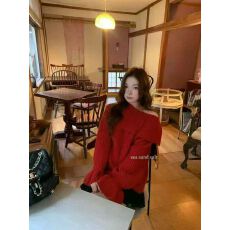 批发圣诞节穿搭新年过年红色大翻领毛衣女秋冬季宽松慵懒风针织衫上衣