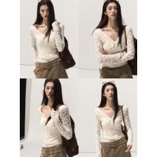 批发OAKMOO/V领修身蕾丝镂空针织衫打底衫女秋冬百搭保暖<b class='q'>长袖</b>内搭上衣