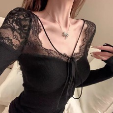 批发杜总家 夜莺与玫瑰*原创气质性感蕾丝拼接内搭长袖气质百搭上衣