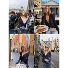 批发Lattitude/杨小鹭 <b class='q'>长袖</b>T恤打底衫假两件蕾丝拼接扭结针织辣妹上衣