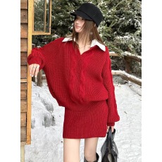 批发韩系衬衫领<b class='q'>毛衣</b>套装女拼色领假两件上衣＋高腰短裙两件套