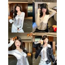 批发地球店米白色复古立体花朵高级感T恤女冬韩系蕾丝拼接针织打底衫