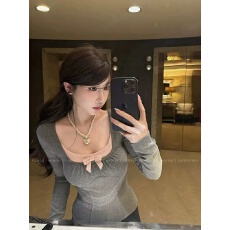 批发FuunJ偷糖Plan收腰拼色抽褶蝴蝶结薄绒打底T恤女内搭显瘦针织上衣