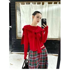 批发独特好看套装女秋冬新款红色长袖圆领上衣穿搭披肩休闲裤三件套潮