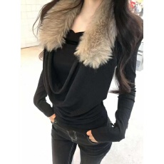 批发黑色假两件毛毛领一字肩长袖T恤女秋冬修身露肩抹胸辣妹打底上衣