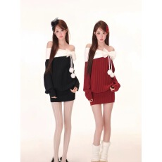 批发圣诞系列一字肩蝴蝶结毛球氛围感针织衫连衣<b class='q'>裙</b>秋冬新款雪球绒绒