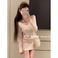 批发BANANA正版韩系V领针织<b class='q'>连衣裙</b>女修身显瘦抽绳短裙气质穿搭