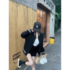 批发美式黑色加厚棒球服短款毛呢夹克小个子外套上衣女士秋冬薄款棉服