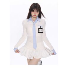 批发BEARGIRL韩系学院风假两件polo领带长袖衬衫T恤女秋季修身短上衣