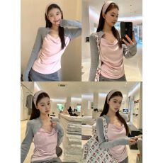 批发【小池樱花T恤】<b class='q'>秋</b>冬法式荡领温柔长袖撞色假两件T恤