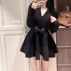 批发LXYG冬法式名媛V领蝴蝶结针织<b class='q'>连衣裙</b>女收腰显瘦晚宴打底蓬蓬短裙