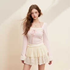 批发毛毛拼接粉色方领长袖<b class='q'>T</b><b class='q'>恤</b>女秋冬季修身纯欲风内搭短款打底衫上衣