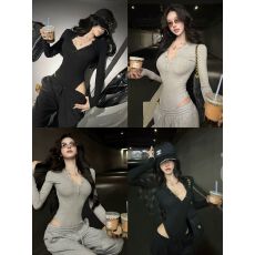 批发灰尘邓邓 V领长袖上衣女新款内搭打底衫修身连体衣T恤