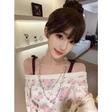 批发一字肩蝴蝶结碎花长袖针织毛衣女装<b class='q'>秋</b>冬季慵懒宽松设计感小众上衣