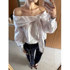 Xzichic 100棉Ma*Mar*秀场同款一字肩系带蝴蝶结衬衫女