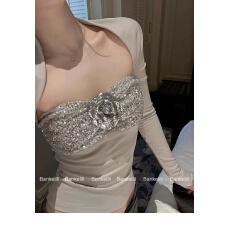 批发板栗可可 '浮雕<b class='q'>山茶花</b>'千金感披肩/亮片<b class='q'>山茶花</b>抹胸套装