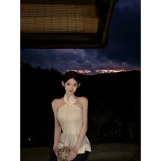 批发早安樊樊撩人 显瘦纸片人小香挂脖露背针织<b class='q'>背心</b>矜贵气质上衣