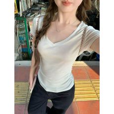 批发im向 莱赛尔桑蚕丝慵懒轻盈桃心领正肩弹力短袖t恤女修身显瘦上衣