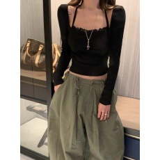 批发VIRKIN<b class='q'>韩国</b>东大门<b class='q'>代购</b>2026春款 挂脖绑带修身显瘦短款长袖<b class='q'>t</b><b class='q'>恤</b>女