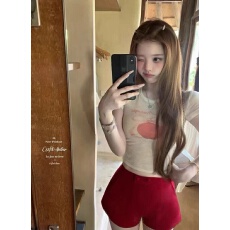 批发迟伞伞26/ss 林檎软糖 jor*a印花苹果长袖/短袖tee车厘子红短<b class='q'>裤</b>