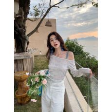 批发GS春韩版时尚甜美宽松清新碎花波点露肩修身休闲长袖上衣<b class='q'>小衫</b>女装