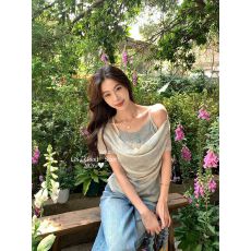 批发GS.GOOD START扎染假两件<b class='q'>小衫</b>女夏季荡领长袖拼接吊带上衣D0769W