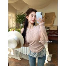 批发GS十三行女装春韩系温柔气质可两穿斜领露肩<b class='q'>小衫</b>+蕾丝挂脖套装