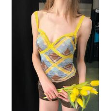 批发wooha 吾哈2026初夏新款复古<b class='q'>甜美</b>性感撞色花边修身格纹吊带背心女