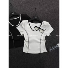 批发韩国东大门夏季明线撞色设计感修身v领短袖辣妹上衣垫肩短款T恤